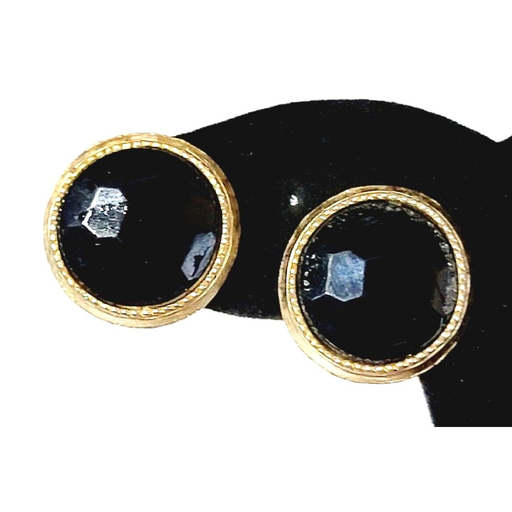 Vintage Round Gold Tone / Black Faceted Glass Rhinestone Clip On Earrings